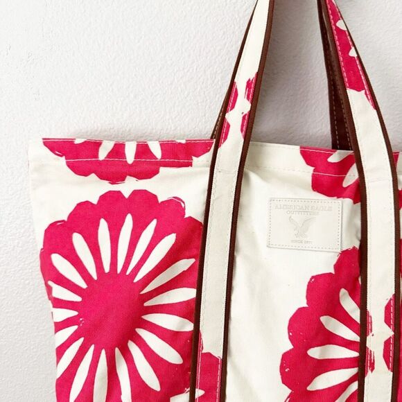 AMERICAN EAGLE | Cream Hot Pink Tote Bag Flower Yellow Interior Brown | XL - Picture 2 of 8